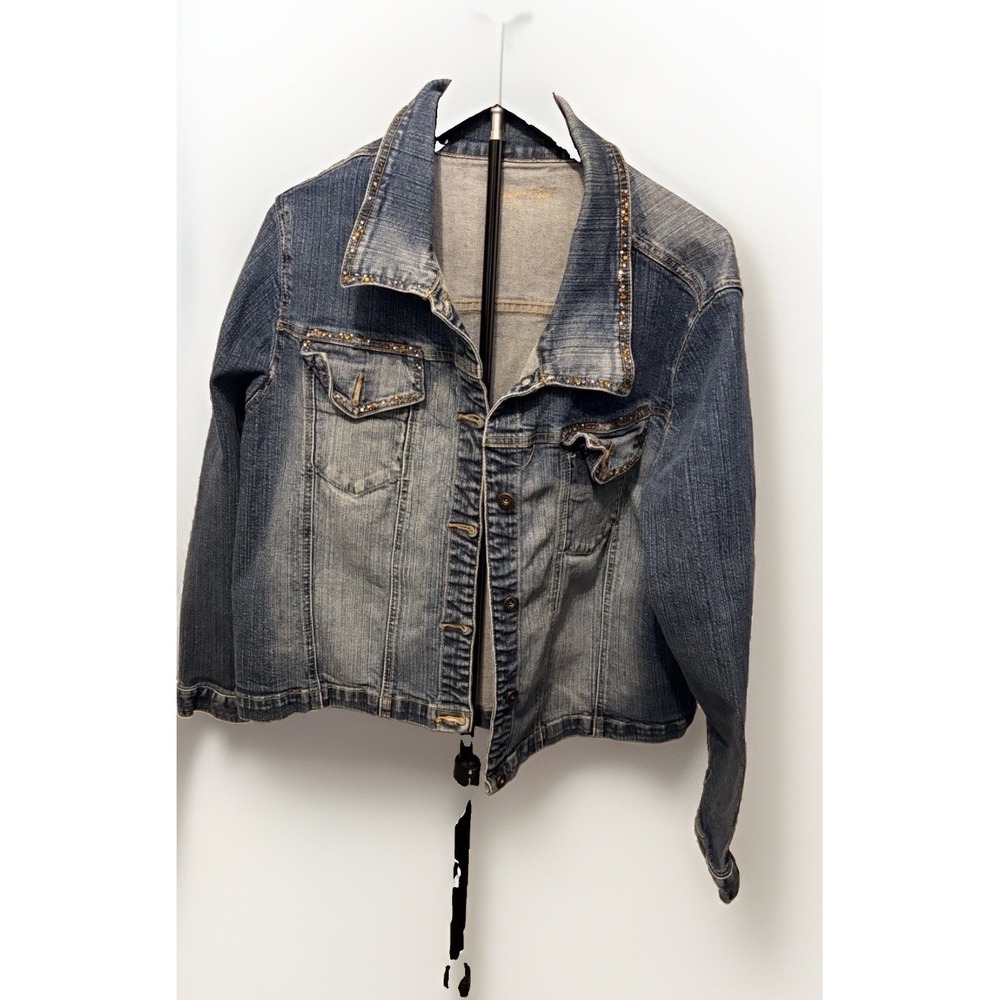 Sweet Vibes 2X Rhinestone Cropped Denim Jacket Blue Stretch Y2K Vtg 00s